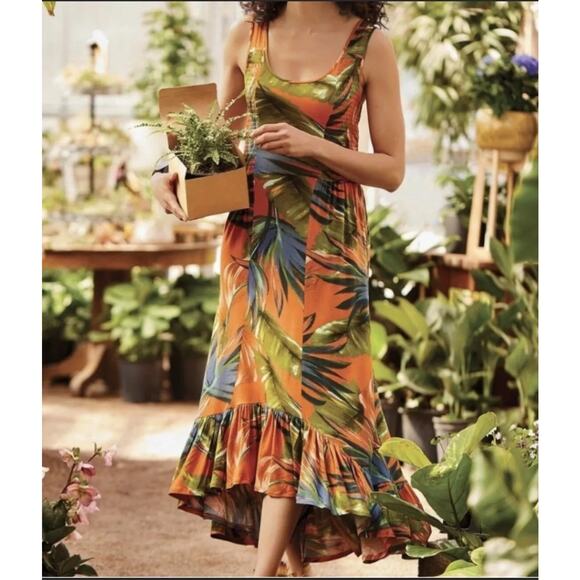 Soft Surroundings Womens Vacation Fabiana Ruffled Tropical Print Maxi Dress L - Picture 1 of 10